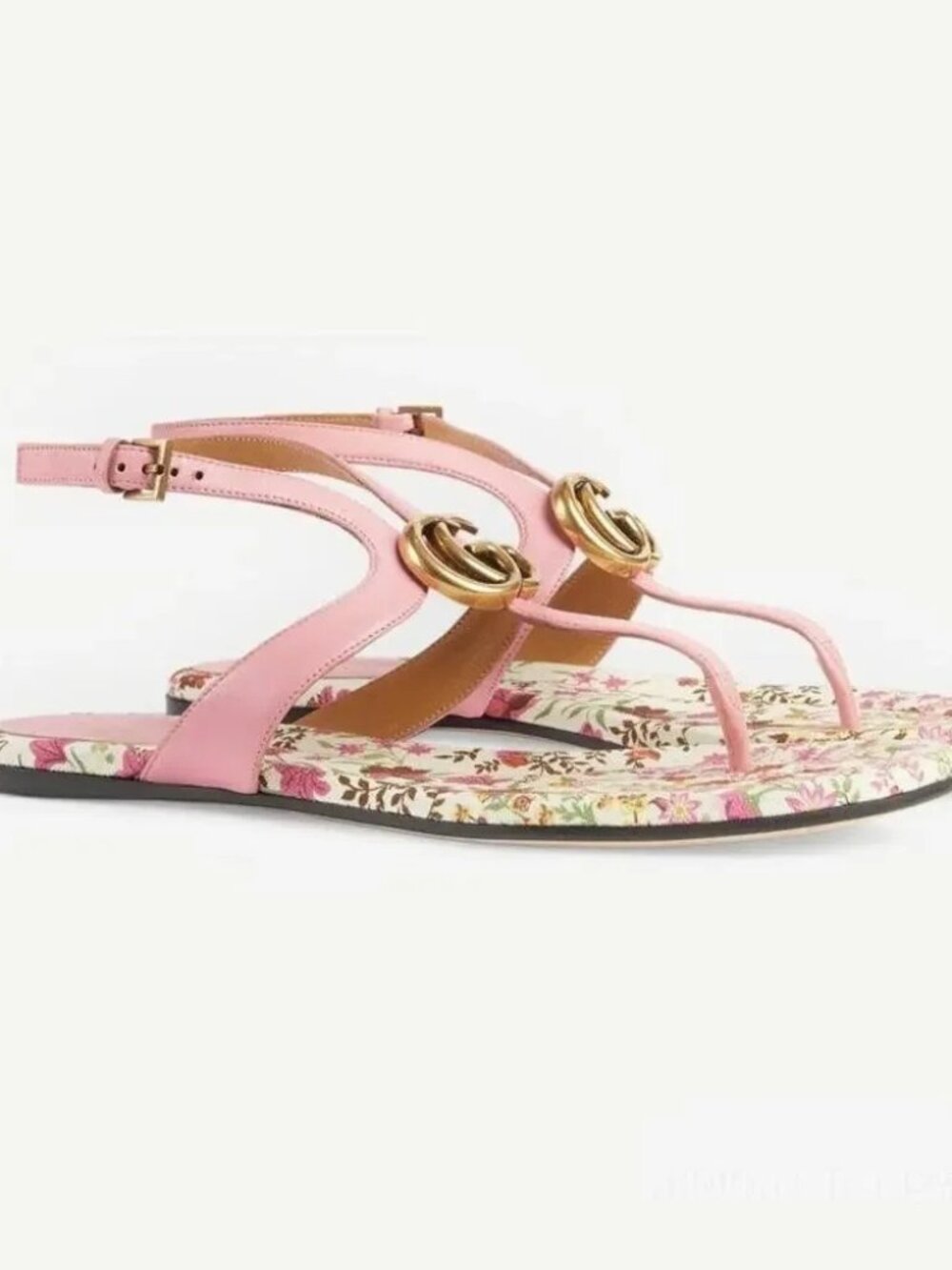 NWT$790 GUCCI Double G Marmont Floral Leather Thong Flat Sandal Slides Sz 39